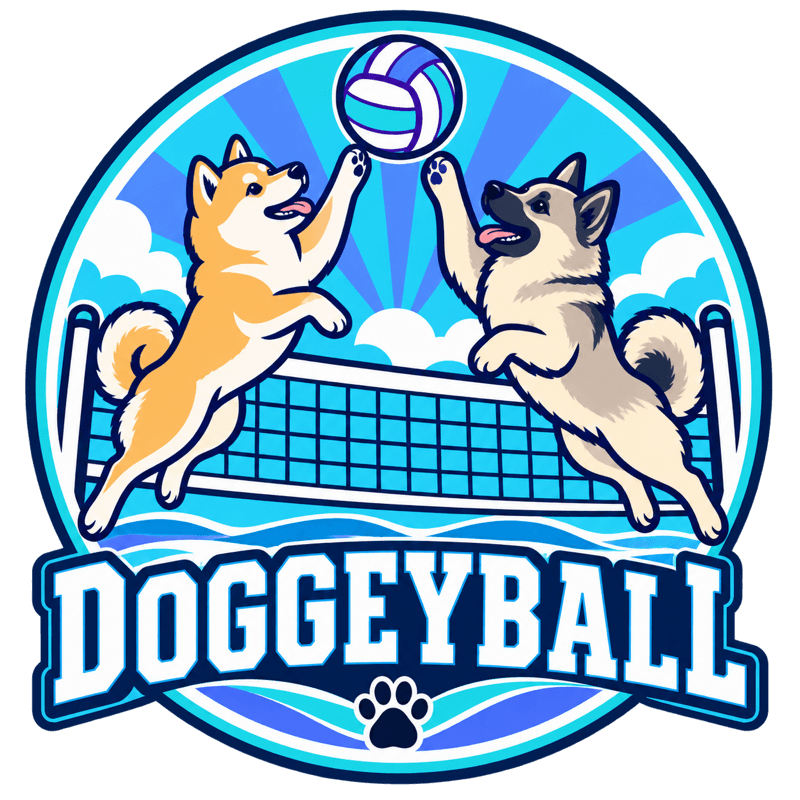 Doggeyball crest โ two dogs going up at the net
